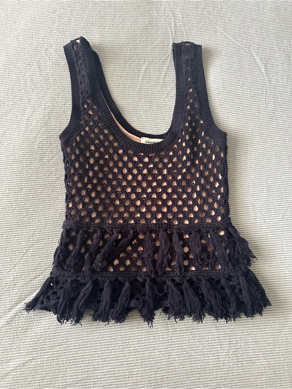 L'AGENCE Navy Crochet Fringe Tank